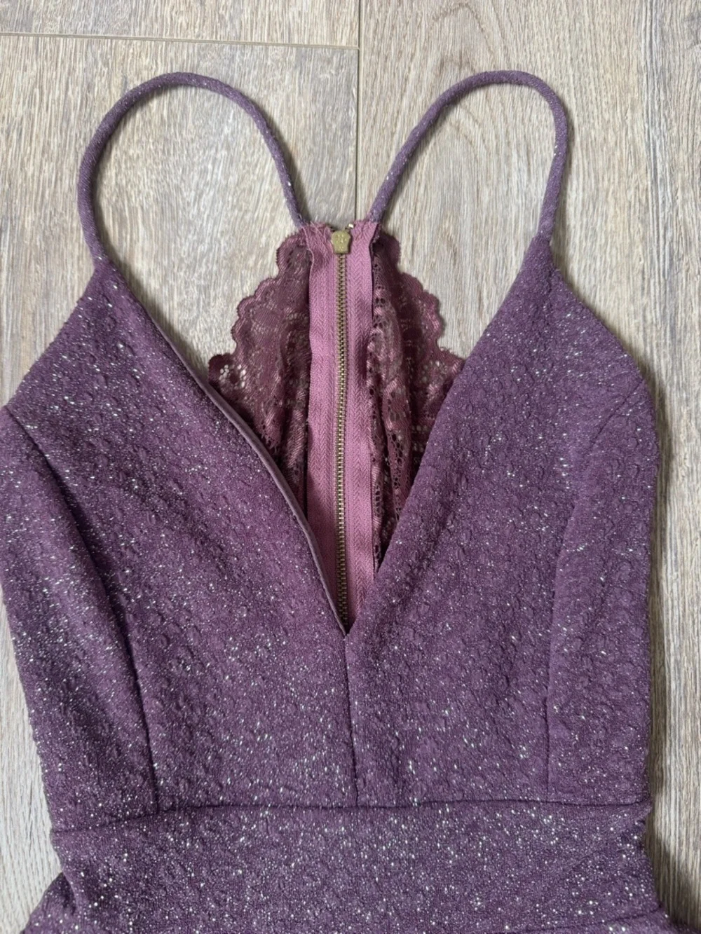 Glitter Plum Fit-and-Flare Party Dress with Lace Back - Picture 2 of 4